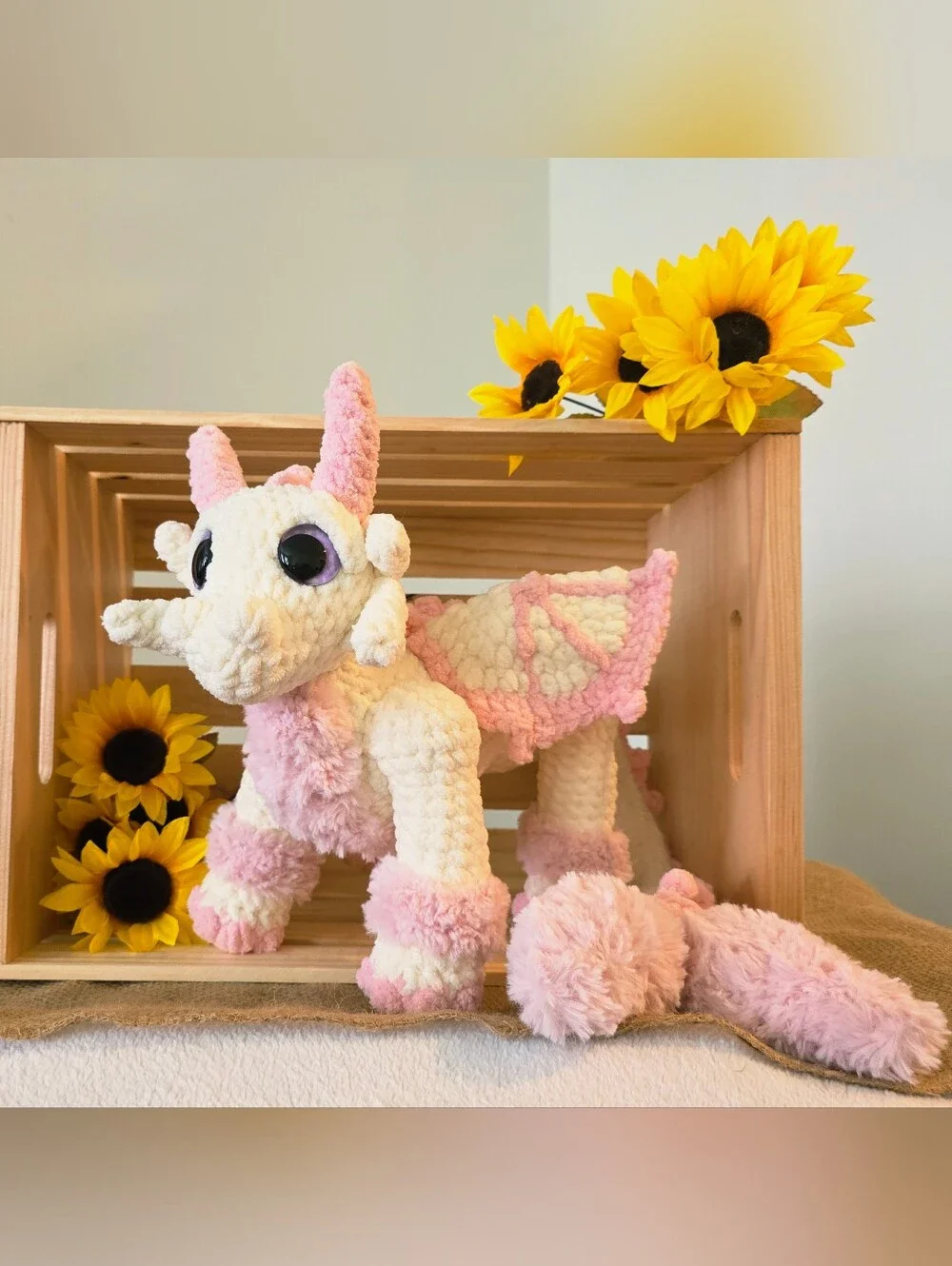 Handmade Crochet Pink and White Heart Dragon Plush Toy